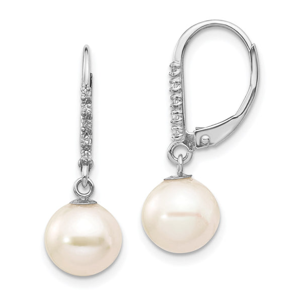 8MM Round Pearl and Diamond Leverback Earrings in 14KT White Gold