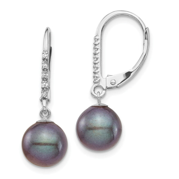 8MM Round Pearl and Diamond Leverback Earrings in 14KT White Gold