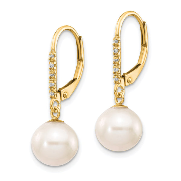 8MM Round Pearl and Diamond Leverback Earrings in 14KT Yellow Gold