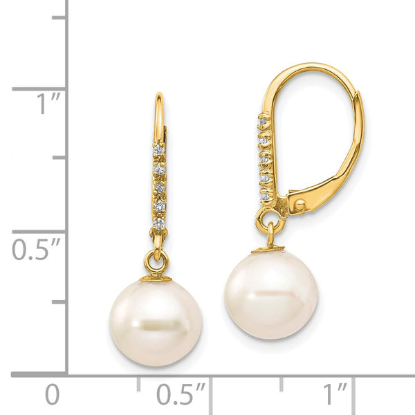 8MM Round Pearl and Diamond Leverback Earrings in 14KT Yellow Gold