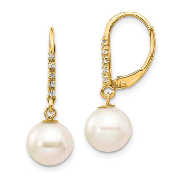 8MM Round Pearl and Diamond Leverback Earrings in 14KT Yellow Gold