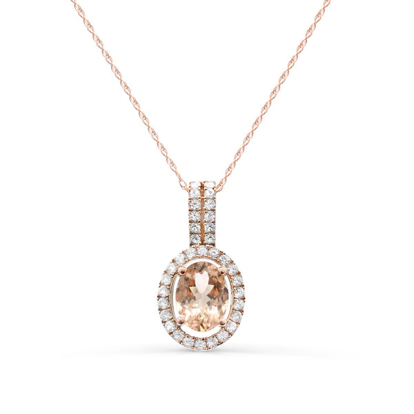 8X6MM Oval Morganite and White Sapphire Halo 18" Pendant in 10KT Rose Gold
