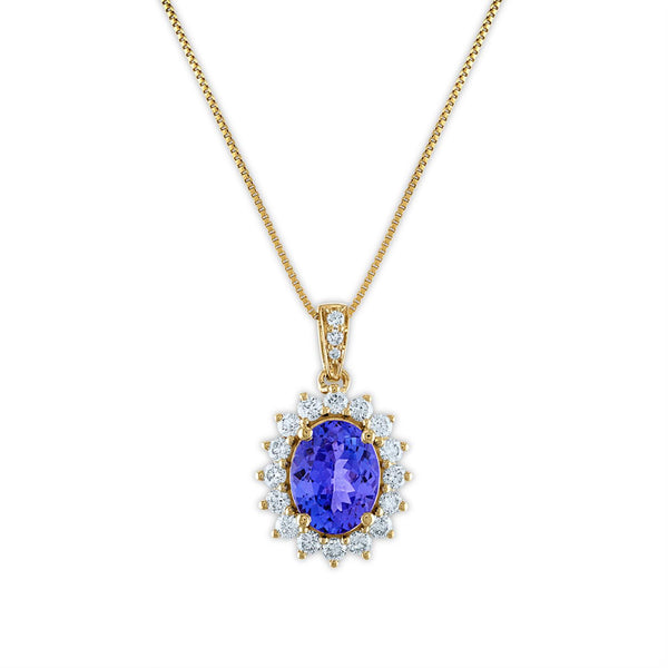 9X7MM Oval Tanzanite and Diamond Halo 18" Pendant in 10KT Yellow Gold