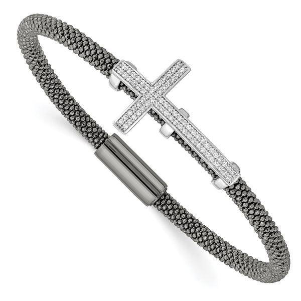 Black Ruthenium Plated Sterling Silver Cubic Zirconia Cross Mesh Bangle Magnetic Clasp Bracelet