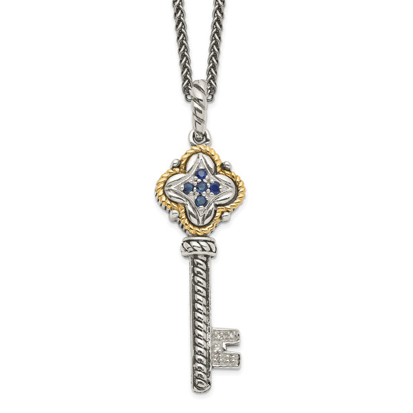 Blue Sapphire and Diamond Key 18" Necklace in Sterling Silver