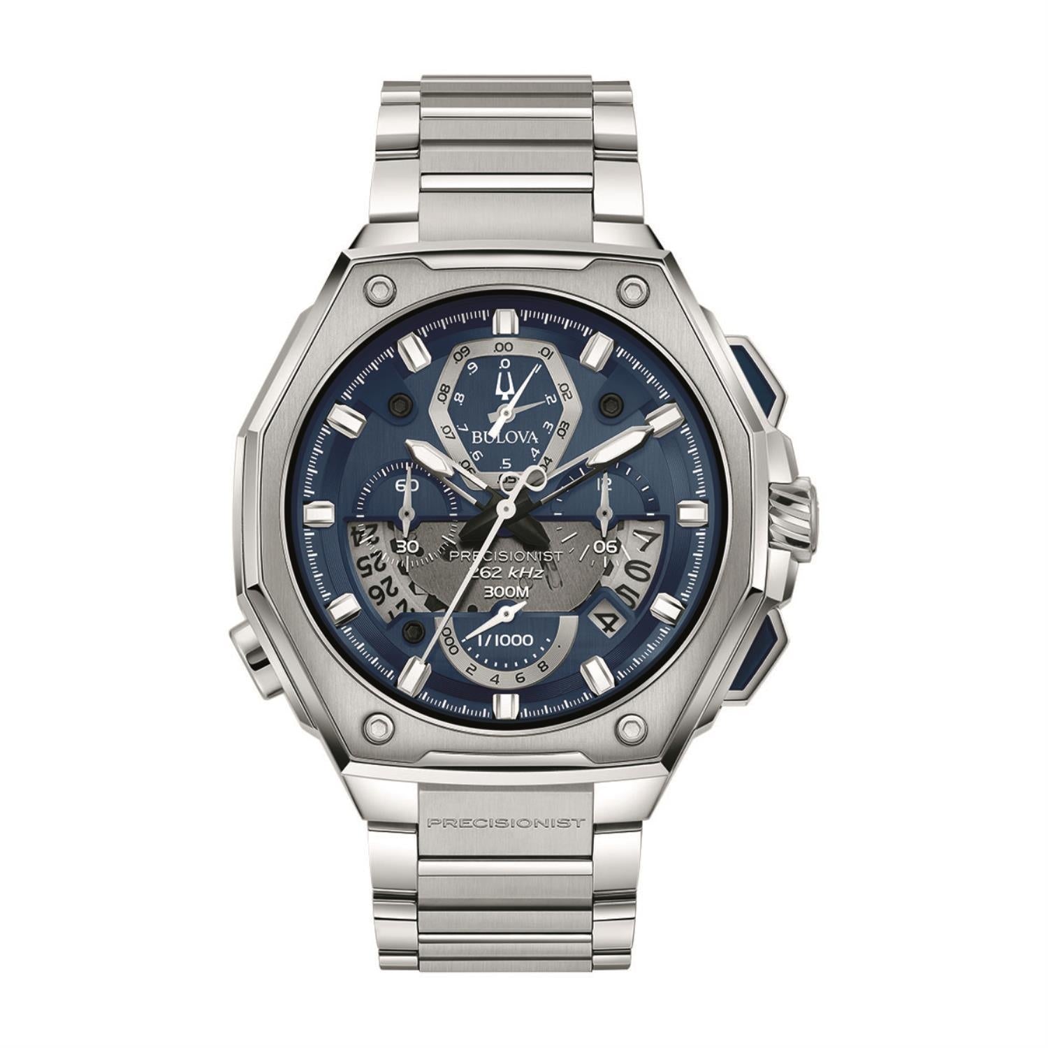 Bulova Precisionist Watch with 45X47MM Blue Round Dial and Stainless Steel Bracelet. X Sport 96B349