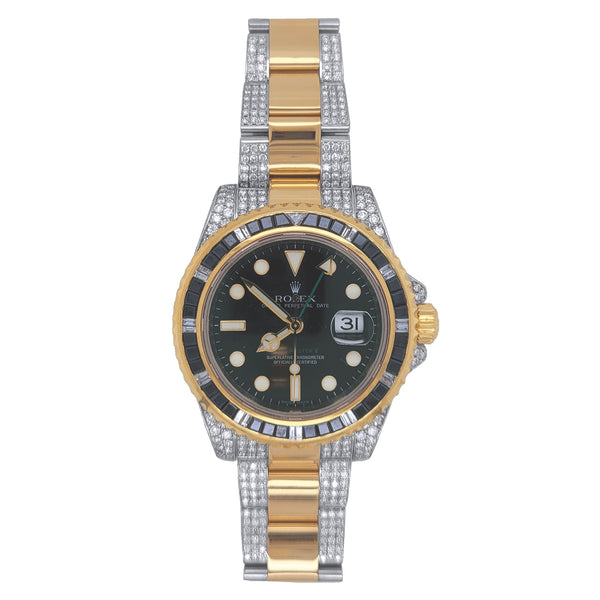 Certified Pre-Owned Rolex Two-Tone Steel & 18K Yellow Gold GMT-Master II with 40X40 MM Black Round Dial; 116713-Iced Out