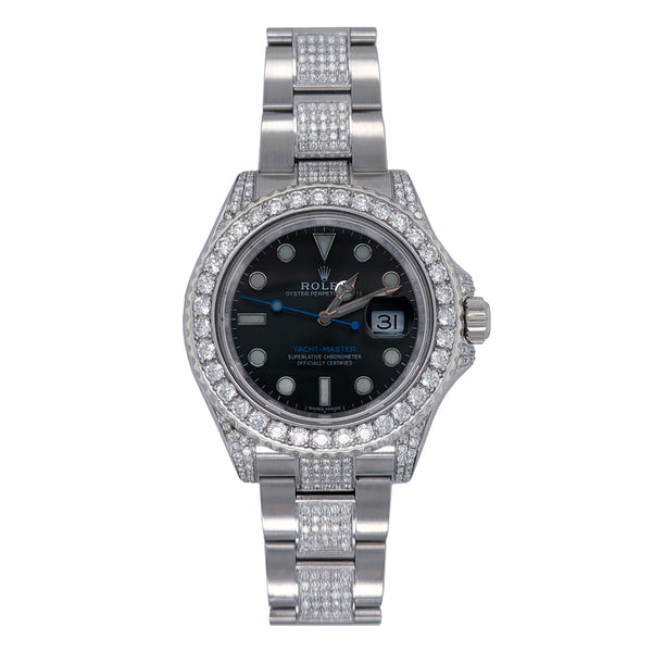 Certified Pre-Owned Rolex Pave Diamond Stainless Steel Oyster Perpetual Yacht-Master with 40X40 MM Gunmetal Round Dial; 116622