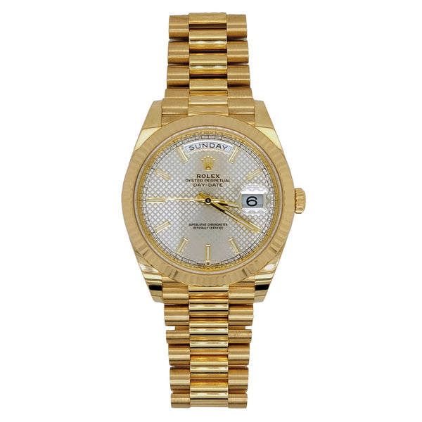 Certified Pre-Owned Rolex Presidential Day-Date Diamond Accent Oyster Perpetual with 40X40 MM Silvertone Round Dial 18KT Gold; 228238