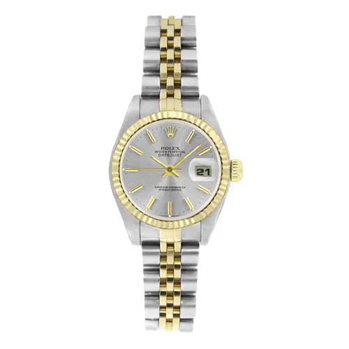 Certified Pre-Owned Rolex Oyster Perpetual Lady-Datejust with 26X26 MM Silvertone Round Dial Steel & 18K Yellow Gold Jubilee; 20104