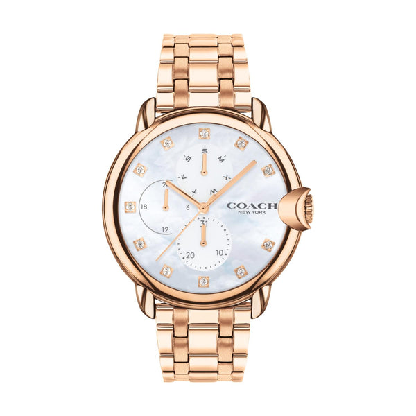 Coach Arden 38MM Mother of Pearl Crystal Accent Subdial Rosetone Watch; 14503682
