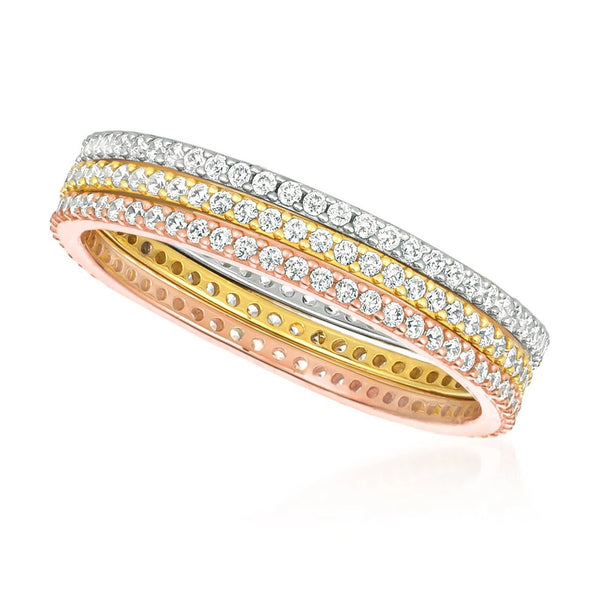 Crislu Tri-Color Sterling Silver Cubic Zirconia 3-Piece Band