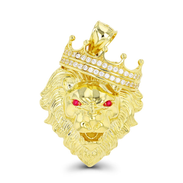 Luxe Layers 10KT Yellow Gold Cubic Zirconia 44X30MM Lion Head With Crown Pendant-Chain Not Included