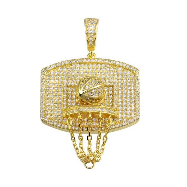 Luxe Layers 14KT Yellow Gold Plated Sterling Silver Cubic Zirconia 30X48MM Basketball Net Pendant-Chain Not Included