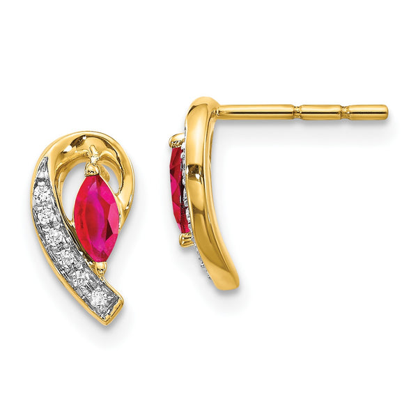 Marquise Ruby and Diamond Stud Earrings in 14KT Yellow Gold
