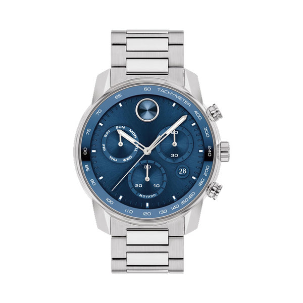 Movado BOLD Verso with 44MM Blue Round Dial Stainless Steel Watch Band; 3600740