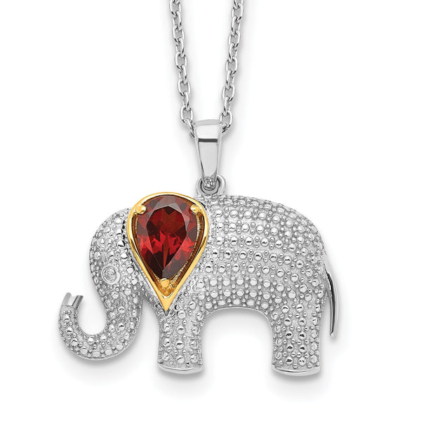 Pear Garnet Diamond Accent Elephant 17" Pendant in Sterling Silver