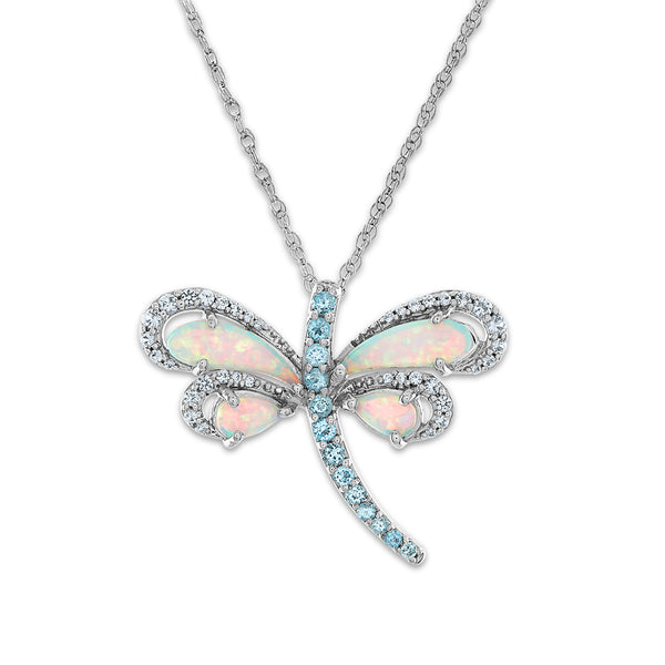Pear Opal and Swiss Blue Topaz Dragonfly 18" Pendant in Sterling Silver