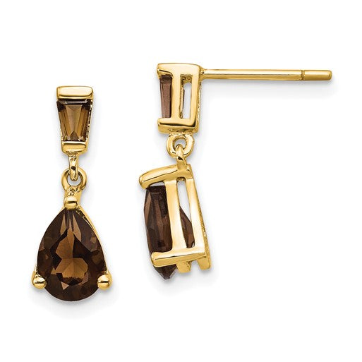 Pear Smokey Quartz Drop & Dangle Earrings in 14KT Yellow Gold