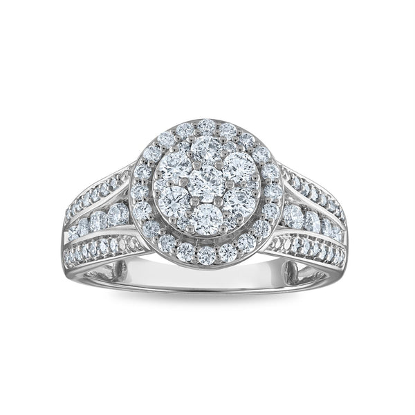 Red Hot Deal 1 CTW Diamond Cluster Halo Round Ring in 10KT White Gold