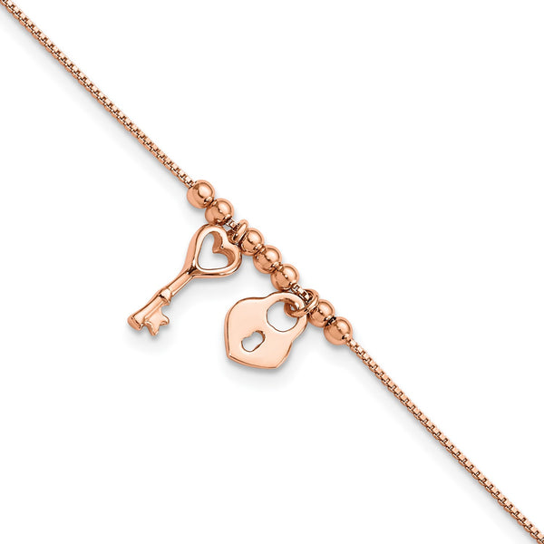 Rose Gold Plated Sterling Silver 9" Heart Lock and Key Anklet