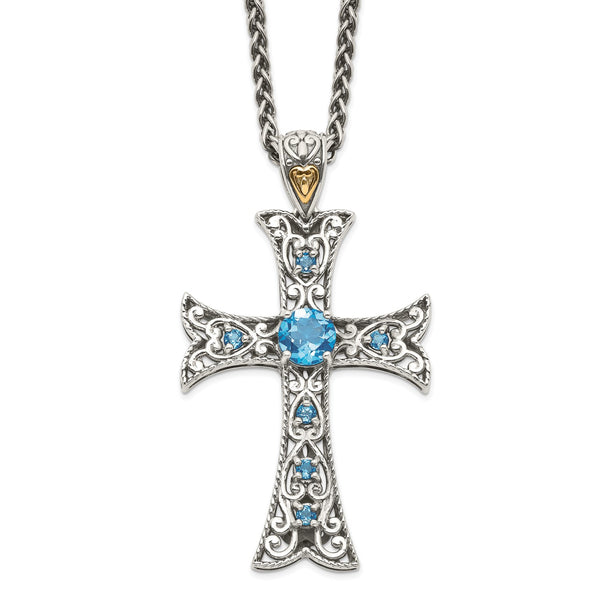 Round Blue Topaz Filigree Cross 18" Necklace in Sterling Silver