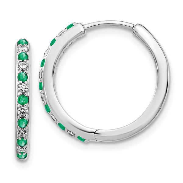 Round Emerald and Diamond Hoop Earrings in 14KT White Gold