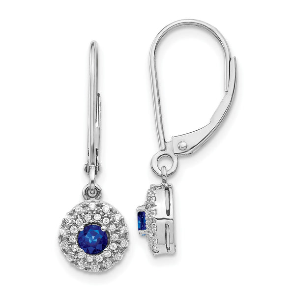 Round Sapphire and Diamond Halo Leverback Earrings in 14KT White Gold