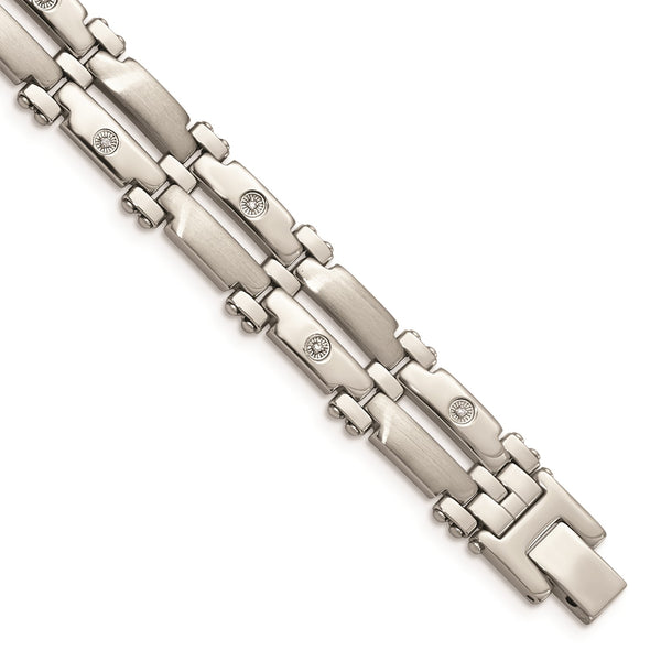 Stainless Steel w/14k White Gold Accents & Diamonds 8.5in Bracelet