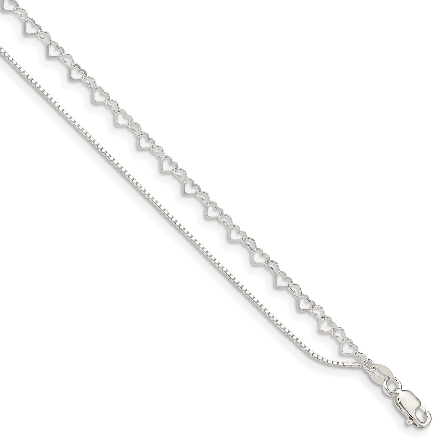 Sterling Silver 10-inch Heart Double Strand Anklet