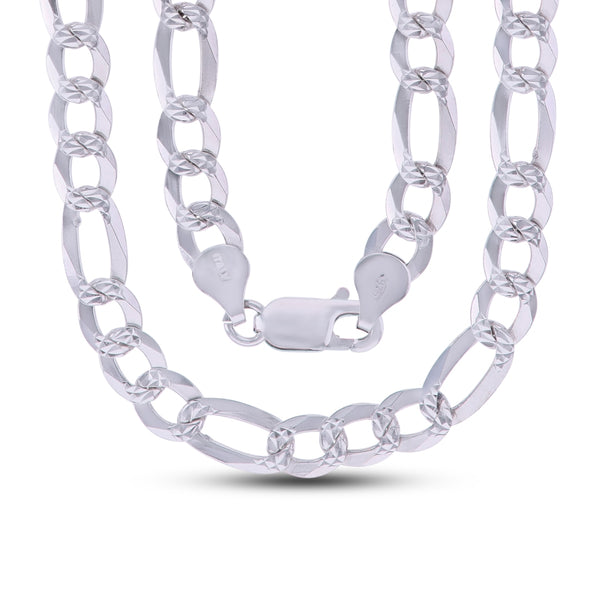 Sterling Silver 24" 6.7MM Diamond-cut Pave Figaro Chain