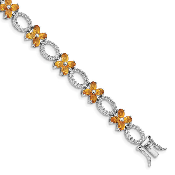 Sterling Silver 4X3MM Citrine and White Topaz 7.75" Flower Bracelet