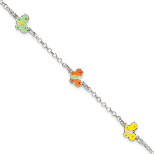 Sterling Silver 6" Childrens Enamel Butterfly Bracelet