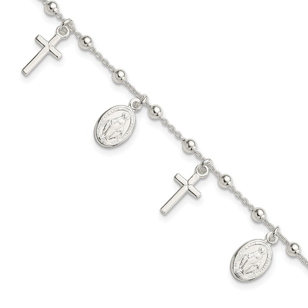 Sterling Silver 7.25" Cross Religious Bracelet