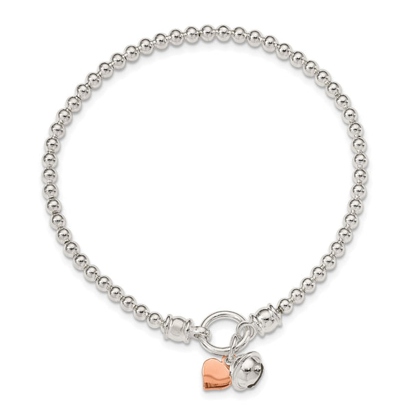 Sterling Silver 7" 3MM Beaded Stretch Heart Bracelet