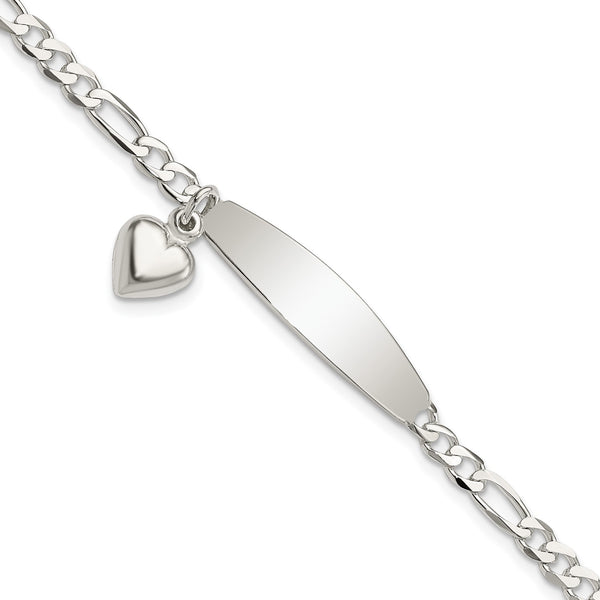 Sterling Silver 7.5" 3.5MM Figaro ID Heart Bracelet