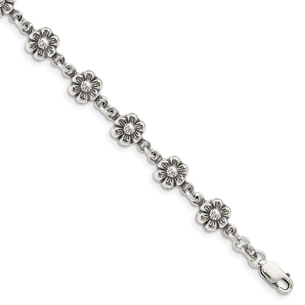 Sterling Silver 7" 8MM Lobster Clasp Flower Bracelet