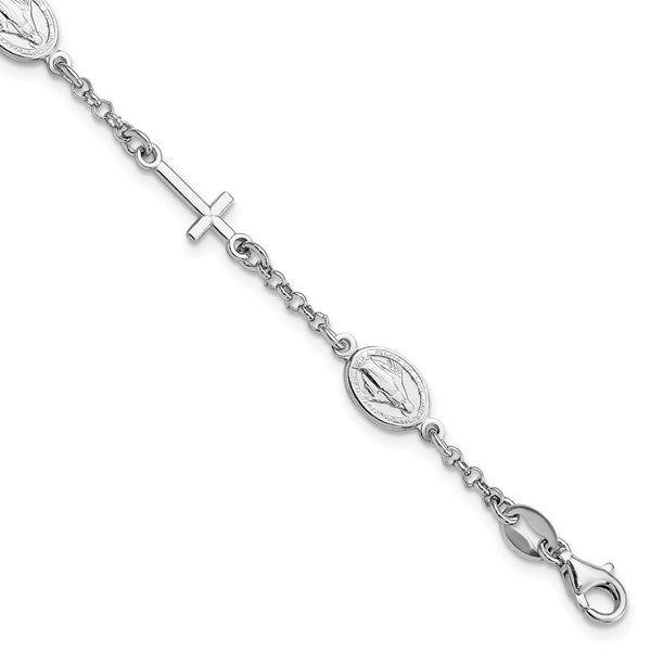 Sterling Silver 7" Religious Cross & Miraculous Medal Bracelet