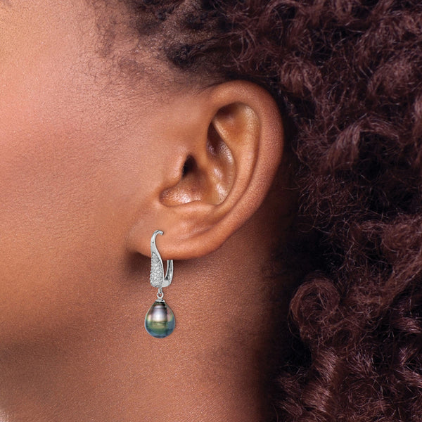 Sterling Silver 9MM Pearl and Cubic Zirconia Drop & Dangle Earrings