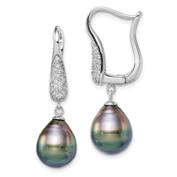 Sterling Silver 9MM Pearl and Cubic Zirconia Drop & Dangle Earrings