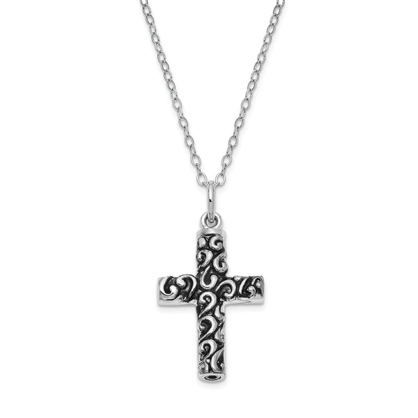 Sterling Silver Antiqued Cross Remembrance Ash Holder 18in Necklace