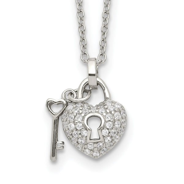 Sterling Silver Cubic Zirconia 16.5" Heart Lock and Key Necklace