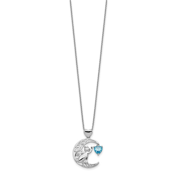 Sterling Silver Cubic Zirconia Cat and Moon Necklace
