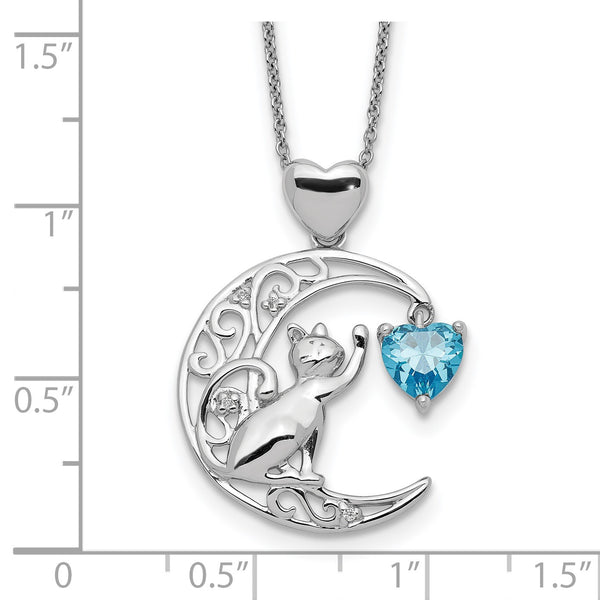 Sterling Silver Cubic Zirconia Cat and Moon Necklace