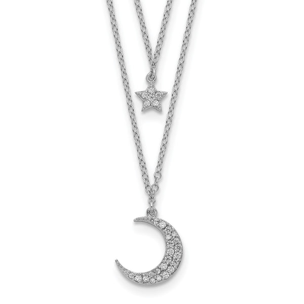 Sterling Silver Cubic Zirconia 18" 2-Layer Star & Moon Necklace