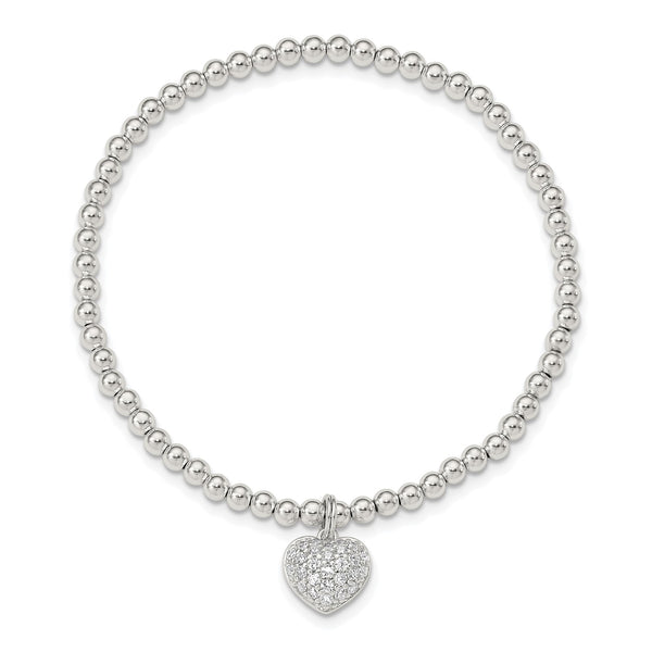 Sterling Silver Cubic Zirconia 7" 3MM Beaded Stretch Heart Bracelet