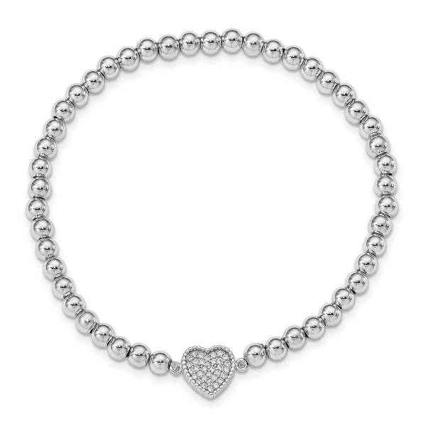 Sterling Silver Cubic Zirconia 7" 4MM Beaded Stretch Heart Bracelet