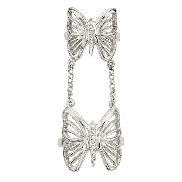 Sterling Silver Cubic Zirconia Fashion Butterfly Double Ring; Size 7