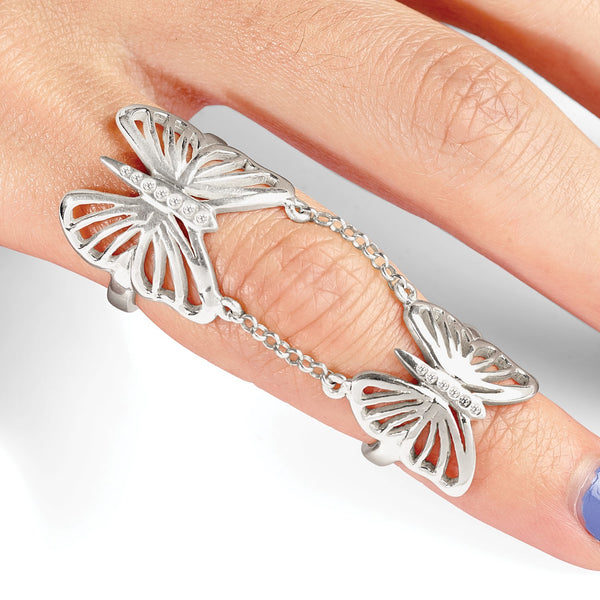 Sterling Silver Cubic Zirconia Fashion Butterfly Double Ring; Size 7