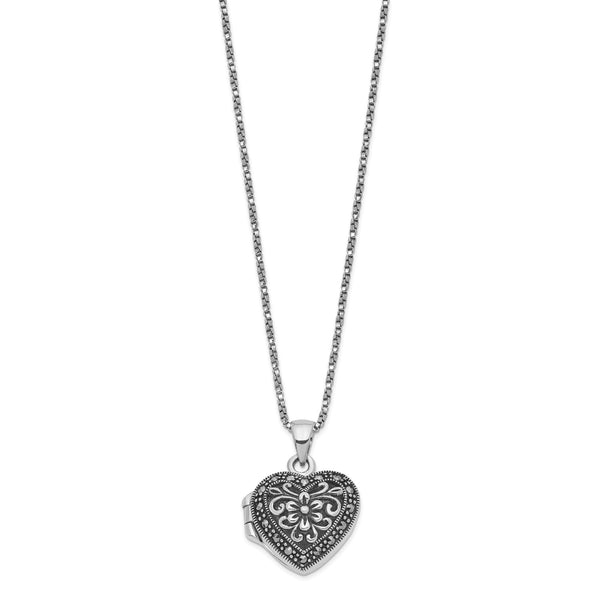 Sterling Silver Marcasite 18" 19MM Heart Locket Necklace